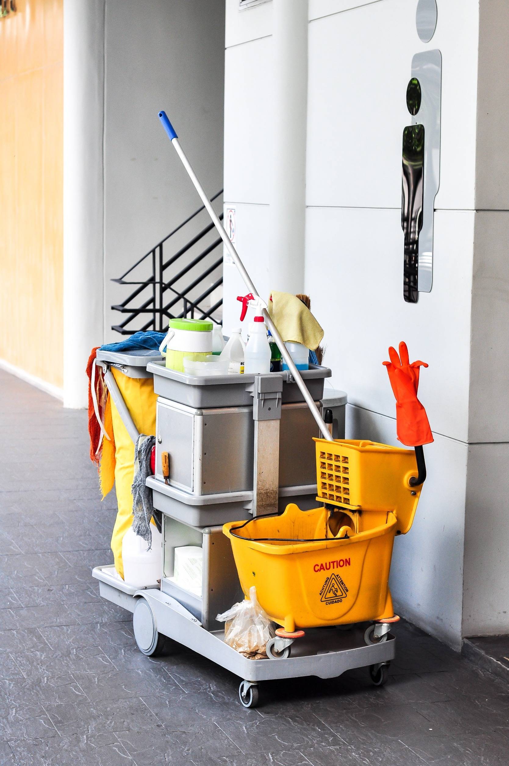 Cleaning supplies kept in a commercial building