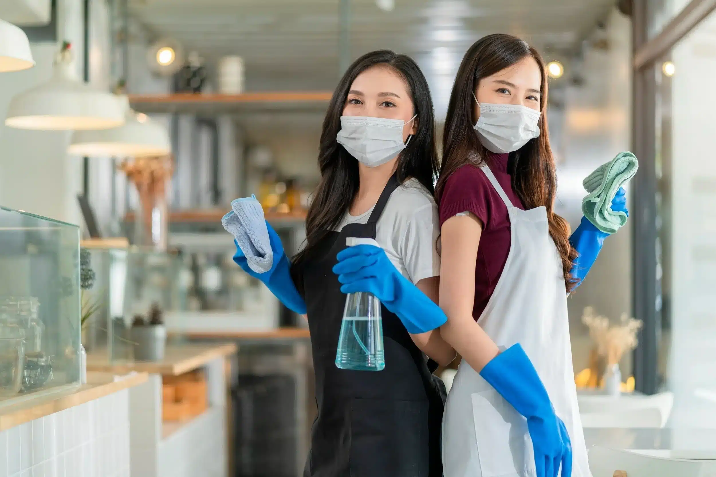 portrait asian waitress with apron staff wearing protection rubber glove face mask protection hand hold cleaning towel alcohol spray disinfectant protect infection coronavirus health ideas